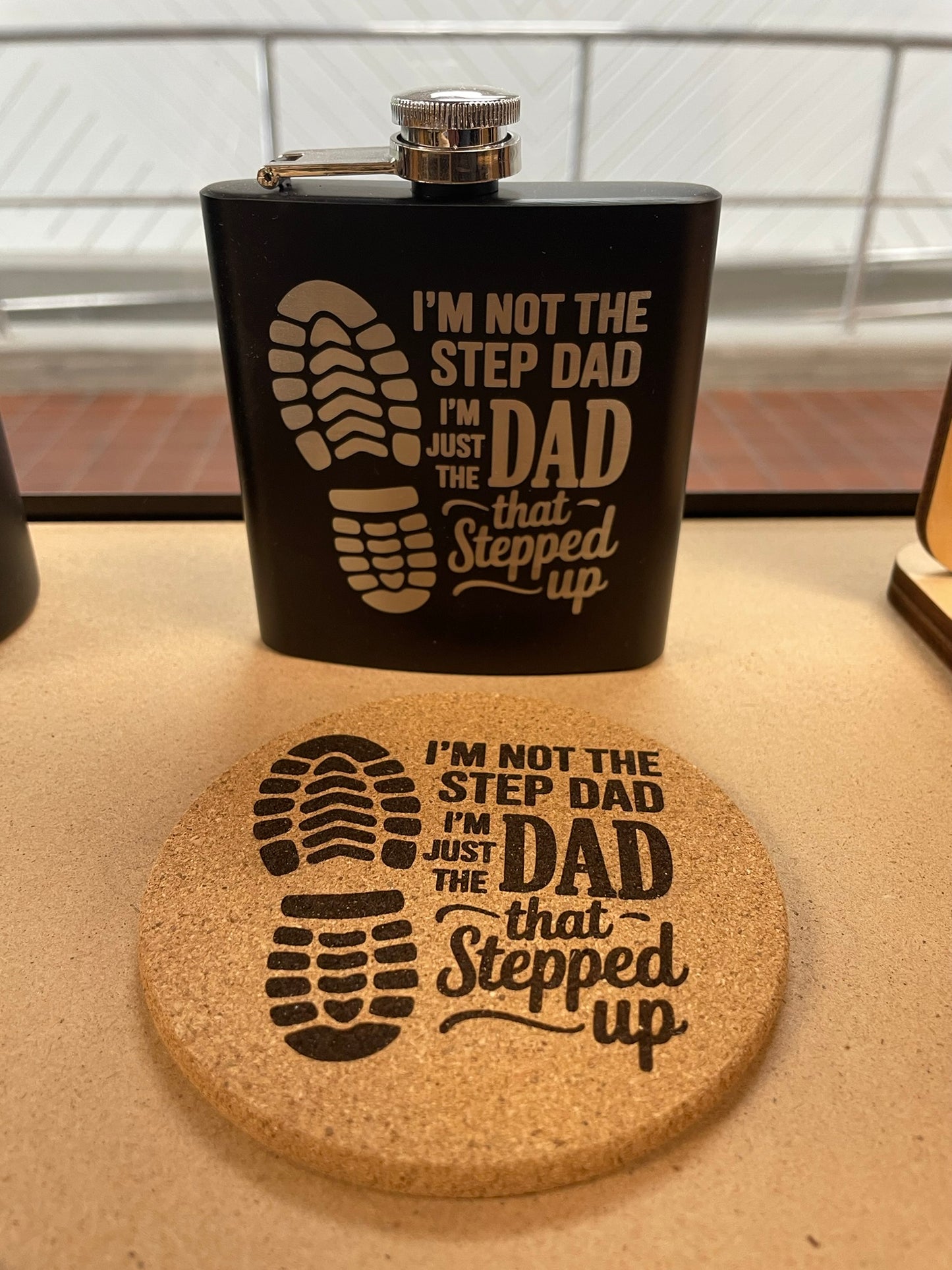 Step Dad Gift Set β Engraved Flask & Matching Cork Coaster | "I'm Not the Step Dad, I'm the Dad That Stepped Up