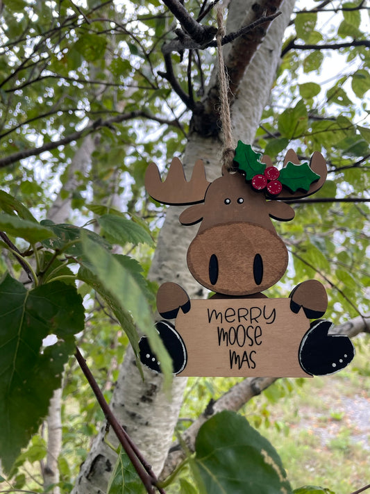 Hand-Painted “Merry Moose-Mas” Wooden Ornament , Handmade Plywood Christmas Decoration