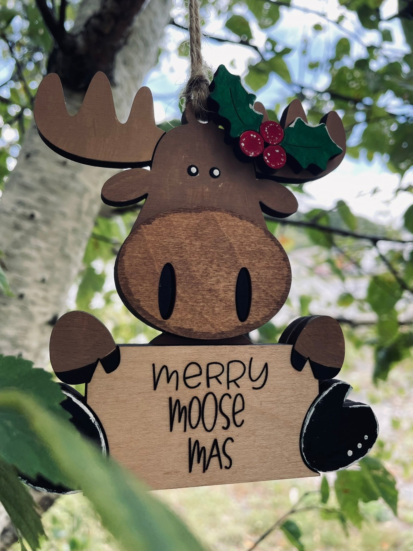 Hand-Painted “Merry Moose-Mas” Wooden Ornament , Handmade Plywood Christmas Decoration