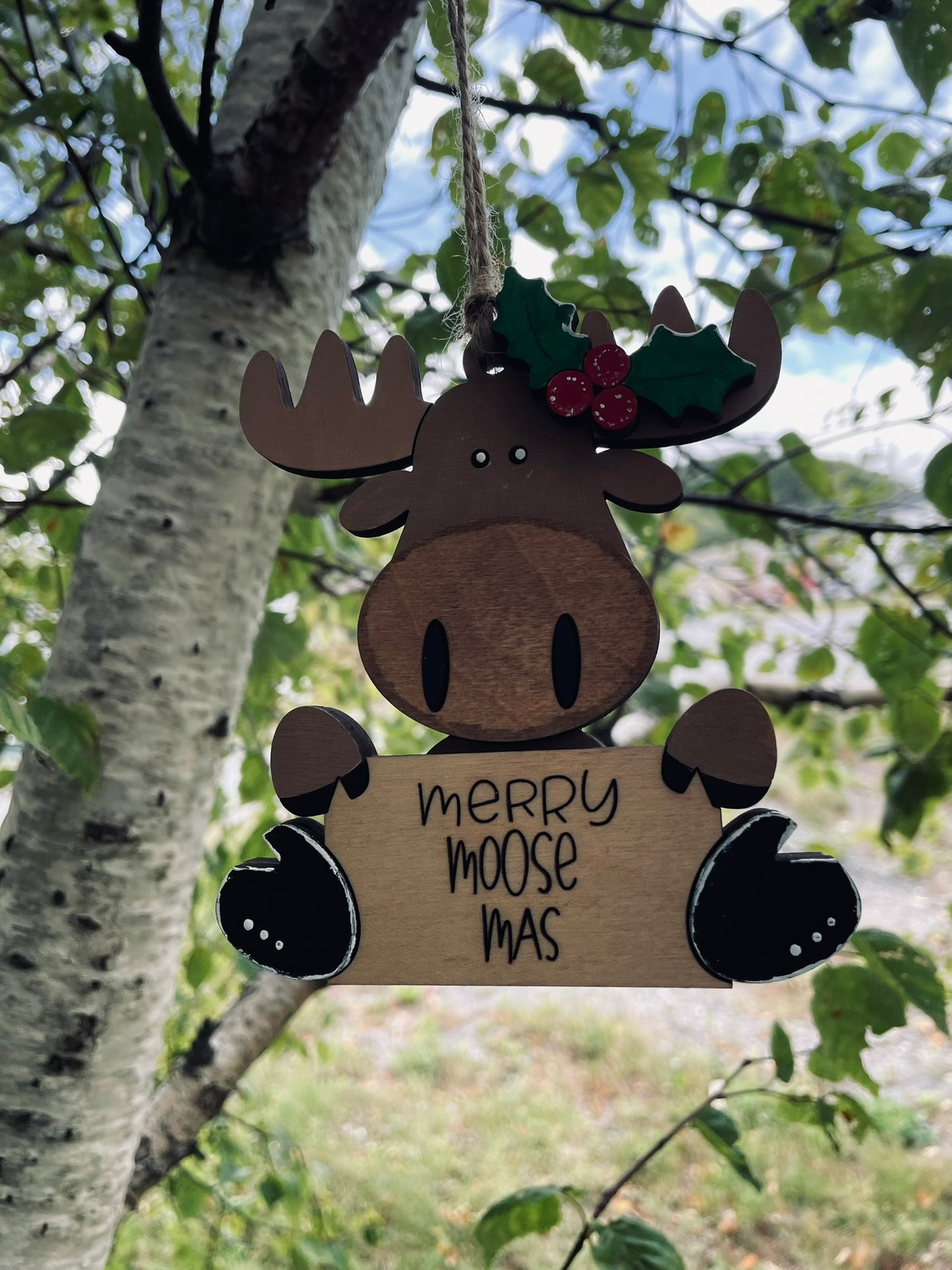 Hand-Painted “Merry Moose-Mas” Wooden Ornament , Handmade Plywood Christmas Decoration