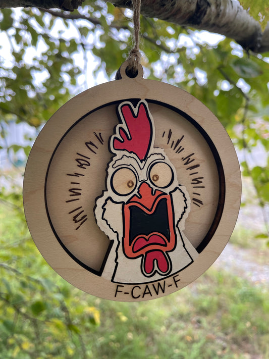 F-CAW-F Funny Chicken Ornament – Handmade Wooden Holiday Décor