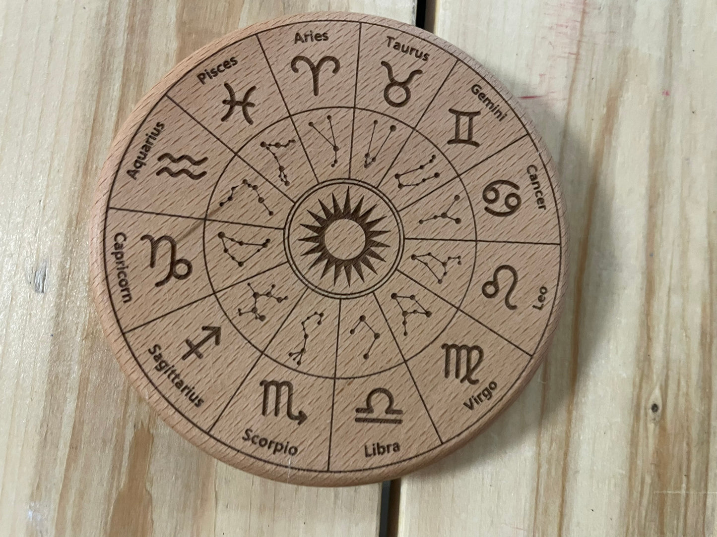 Engraved Zodiac Wood Coaster – Astrology Horoscope Drink Coaster – 3.5 Inch
