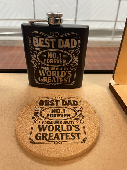 Best Dad Gift Set | Engraved Flask & Cork Coaster | Father's Day Gift for Dad | World's Greatest Dad