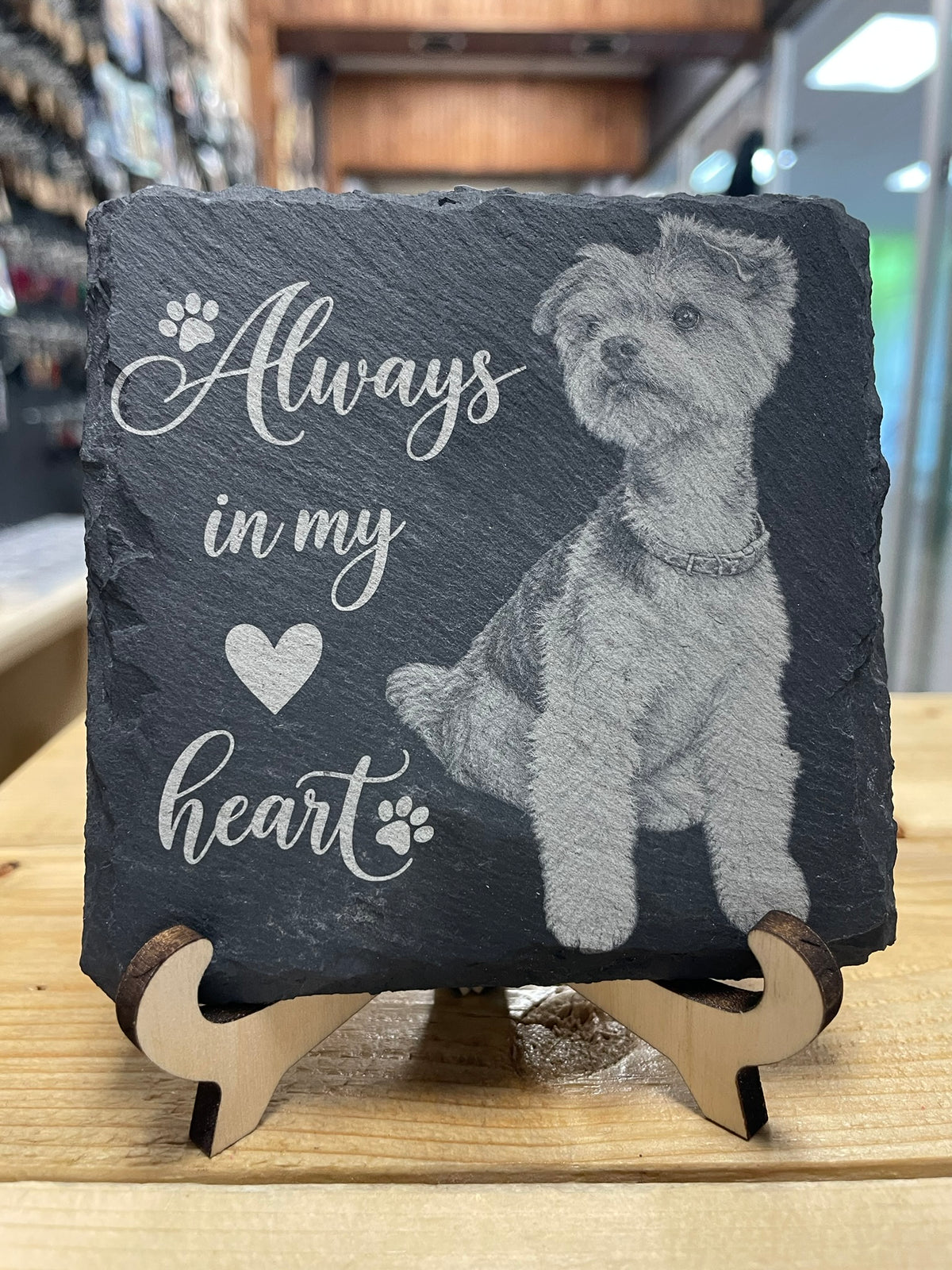 Personalized pet photo laser engraved on natural black slate by F&C Gift Store in Newfoundland, Canada
