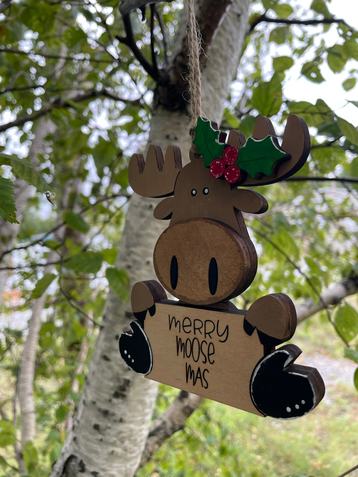 Hand-Painted “Merry Moose-Mas” Wooden Ornament , Handmade Plywood Christmas Decoration