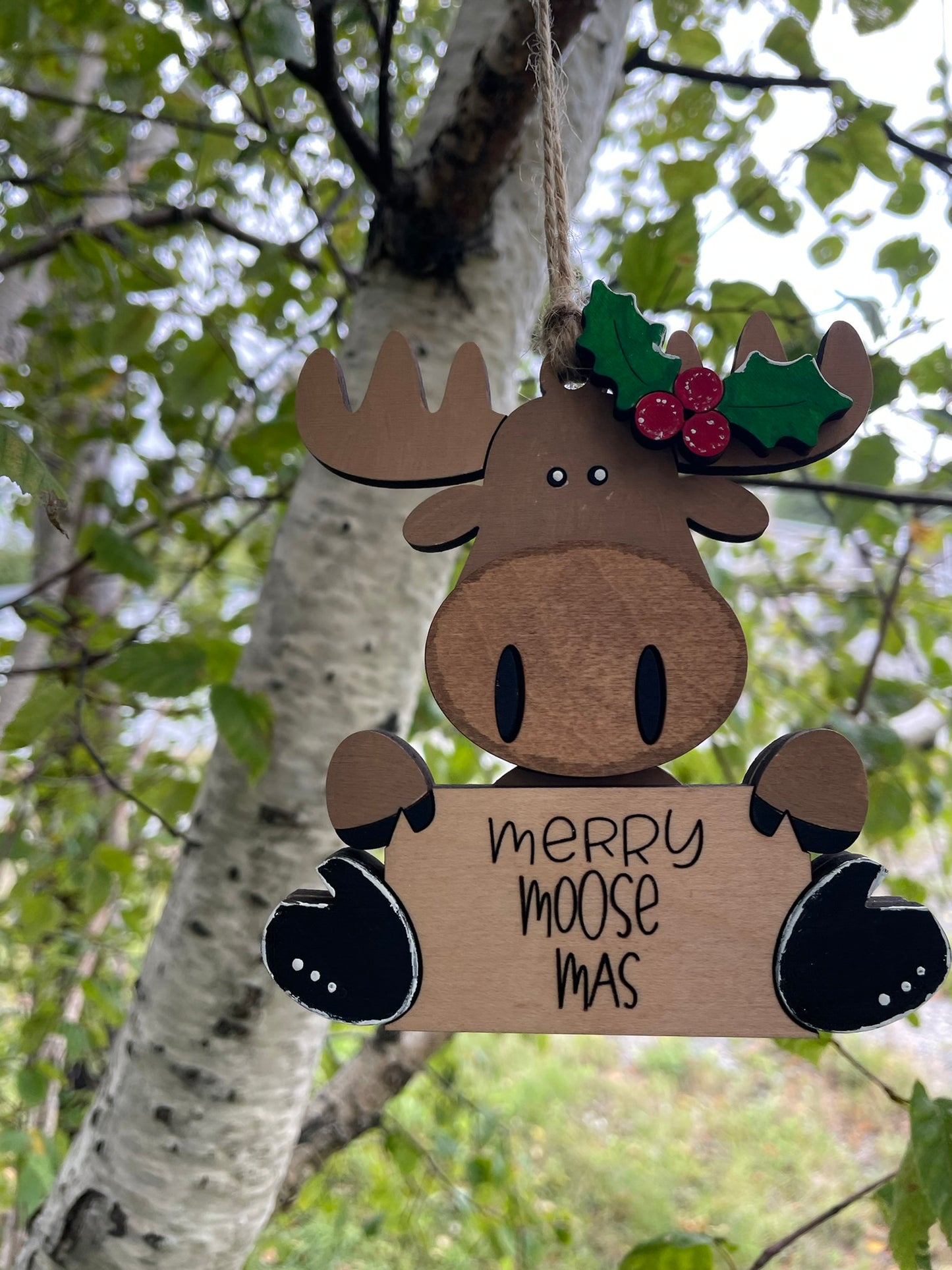 Hand-Painted “Merry Moose-Mas” Wooden Ornament , Handmade Plywood Christmas Decoration