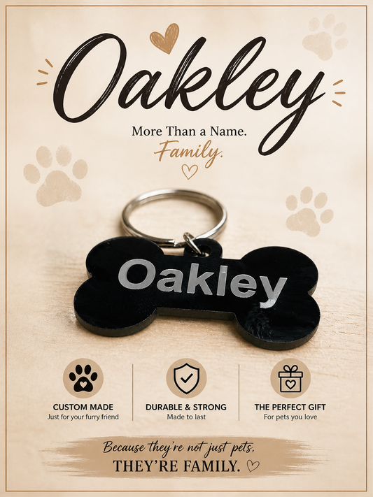 Personalized black acrylic pet ID tag engraved with a dog’s name
