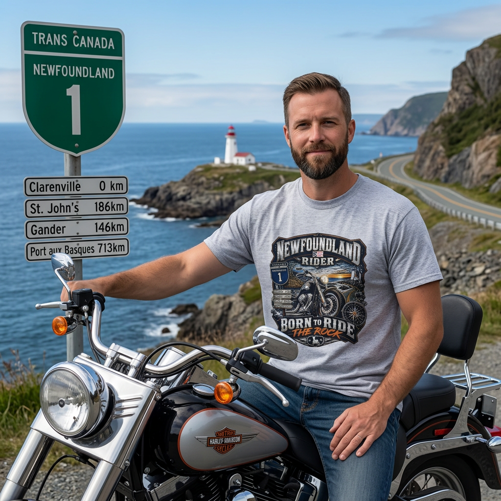 Newfoundland Rider – Born to Ride the Rock Unisex T-Shirt
